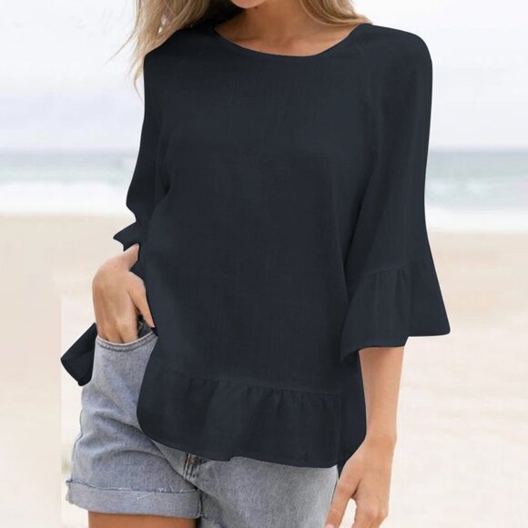 2/$40 Black Ruffle Hem Half Sleeve Blouse Casual Lightweight Summer Top Women's - Picture 1 of 6